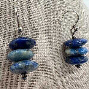 Real lapis beaded gemstone silvertone dangle earrings